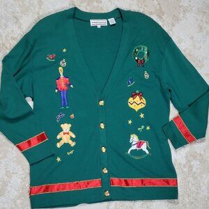 Vintage Women Christmas Button Up Cardigan Size M Gold Button Embroidered Cotton